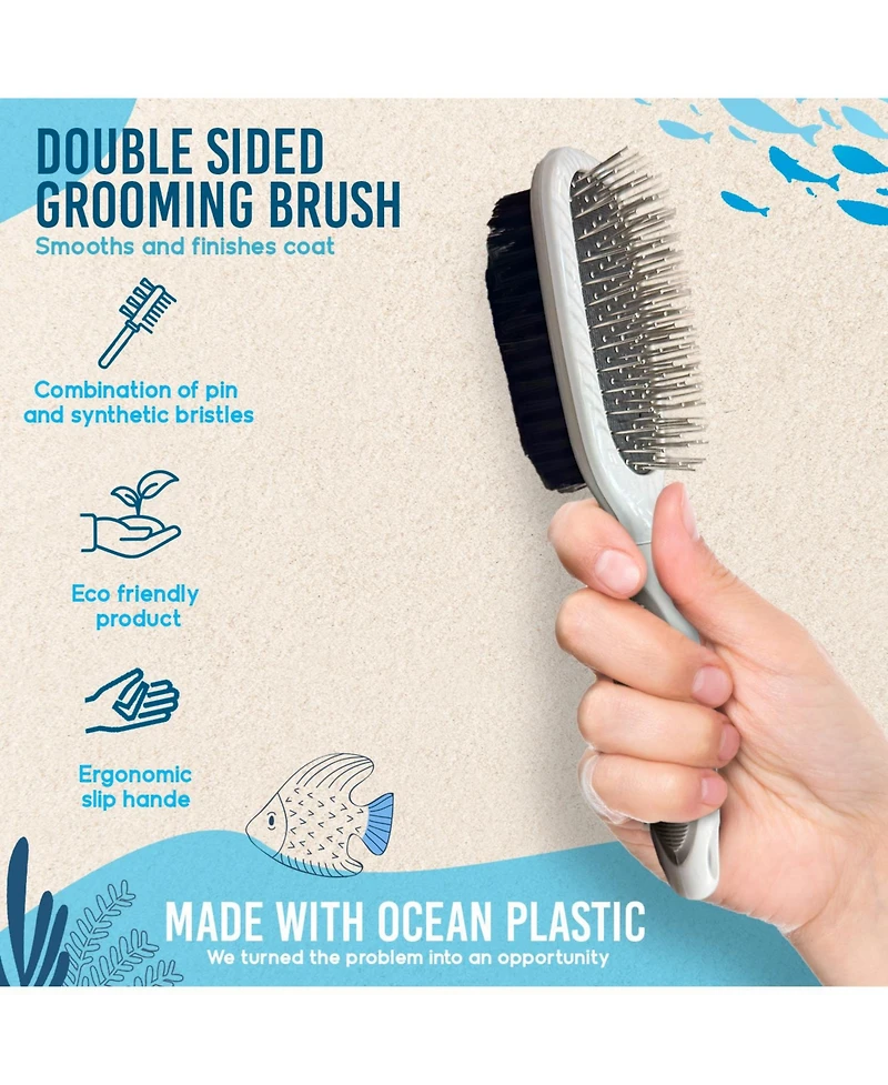 Ocean Plastic by Pt Beige Double-Sided Oval Grooming Brush, Eco-Friendly Pet Brush for Dogs and Cats