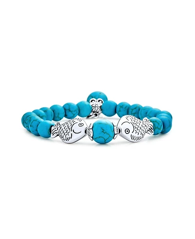 Bling Jewelry Vacation Bali Style Nautical Blue Turquoise Fish Pisces Zodiac Charm Bead Stretch Bracelet Silver Plated