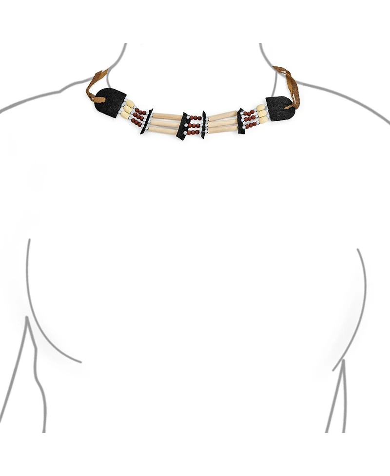Bling Jewelry Boho Western American Indian Style Handmade 3 Row Line Bead Natural Wood Hair Pipe Black Brown Leather Tribal Wide Choker Adjustable Nec