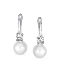 Bling Jewelry Classic Elegant Cz Accent White Glass Simulated Pearl Ball Drop Earrings Hinge Closure Silver Plated