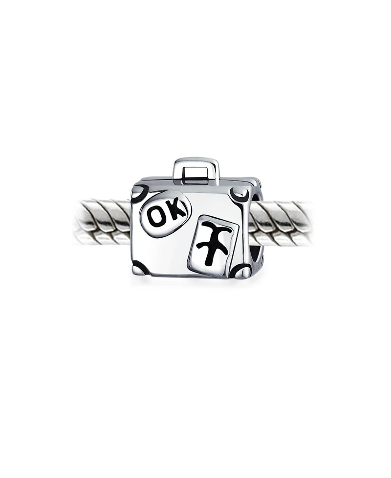 Bling Jewelry Vacation Tourism Travel Suitcase Luggage Charm Bead Oxidized .925 Sterling Silver