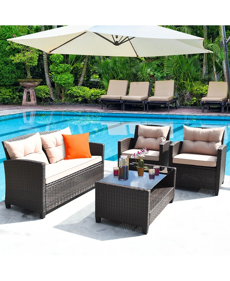 Gymax 4PCS Outdoor Rattan Furniture Set Cushioned Patio Sofa Set