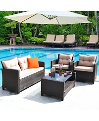 Gymax 4PCS Outdoor Rattan Furniture Set Cushioned Patio Sofa Set