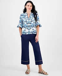 Jm Collection Petite Floral-Print Split-Neck Cuffed-Sleeve Top, Exclusively at Macy's