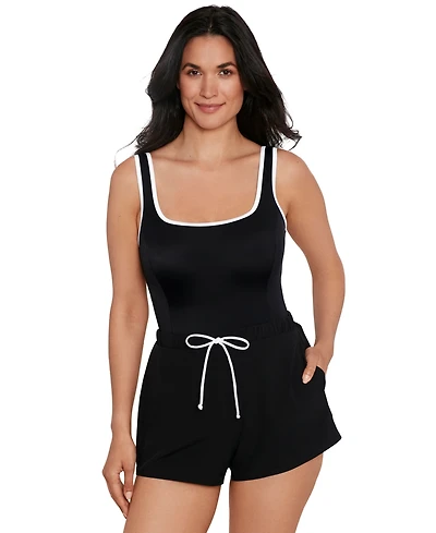 ShapeSolver Sport by Mimi Flamingo Women's Colorblocked One-Piece Romper Swimsuit