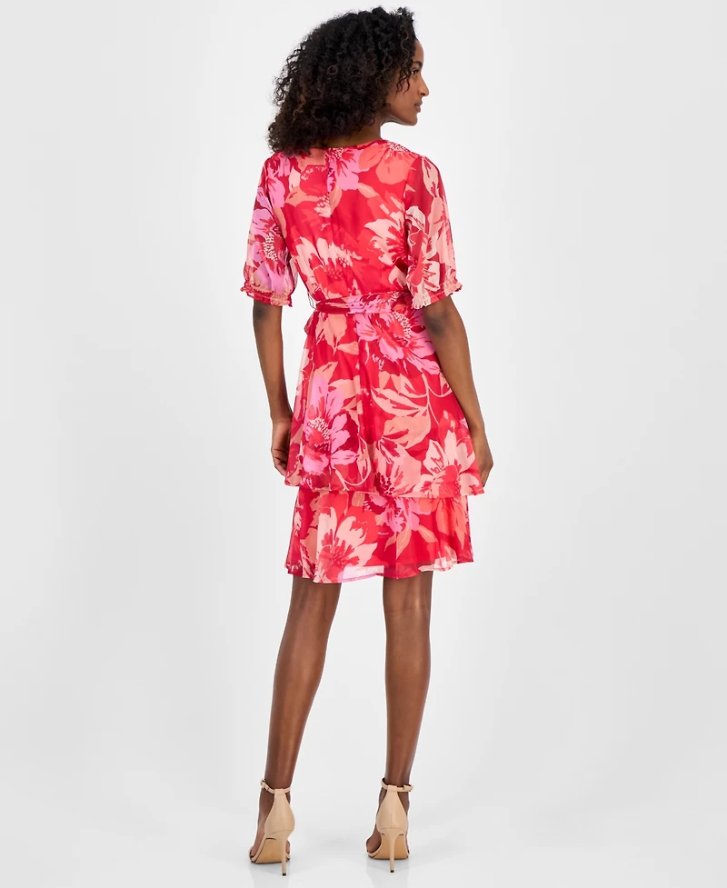 Tahari Asl Petite Printed Tie-Waist Chiffon A-Line Dress