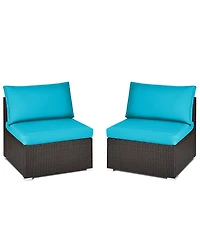2PCS Patio Rattan Armless Sofa Sectional Conversation Furniture Set W/Cushion