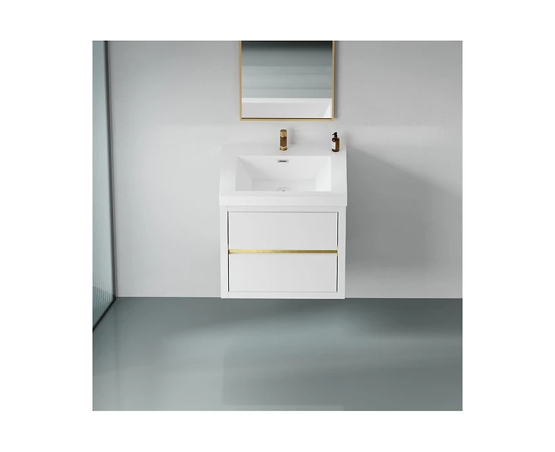 Casainc 24" Wall-Mounted Bathroom Vanity with Sink, Floating Bathroom Storage Cabinet with Stone Resin Countertop and Soft Close Drawers, Natural Oak