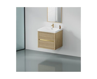 Casainc 24" Wall-Mounted Bathroom Vanity with Sink, Floating Storage Cabinet Stone Resin Countertop and Soft Close Drawers, Natural Oak