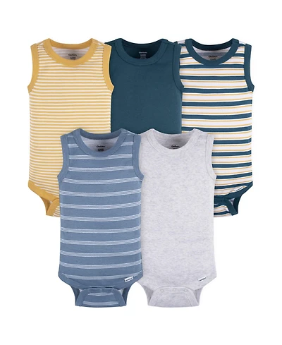 Gerber Baby Boys 5-Pack Sleeveless Onesies Bodysuits, Blue Stripe, 0-3 Months