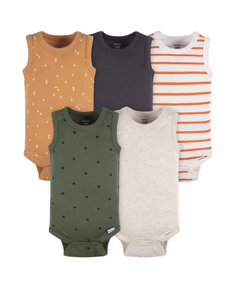 Gerber Baby Boys 5-Pack Sleeveless Onesies Bodysuits, Blue Stripe, 0-3 Months