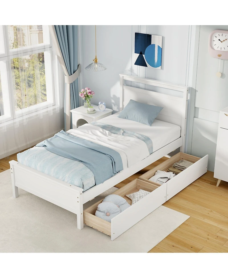 Twin Wooden Bed Frame with 2 Drawers for Teens and Adults