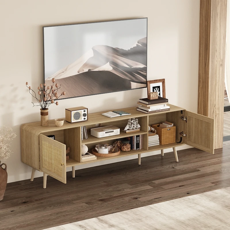 Tv stand with rattan door panels, media console with two doors and two compartments, entertainment center with legs