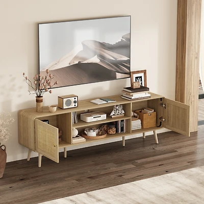 Tv stand with rattan door panels, media console with two doors and two compartments, entertainment center with legs