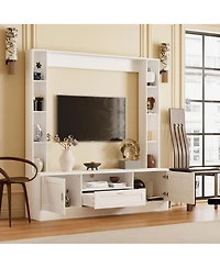 Tv stand with two doors and one drawer, media console with six fixed shelves, entertainment center in white wood