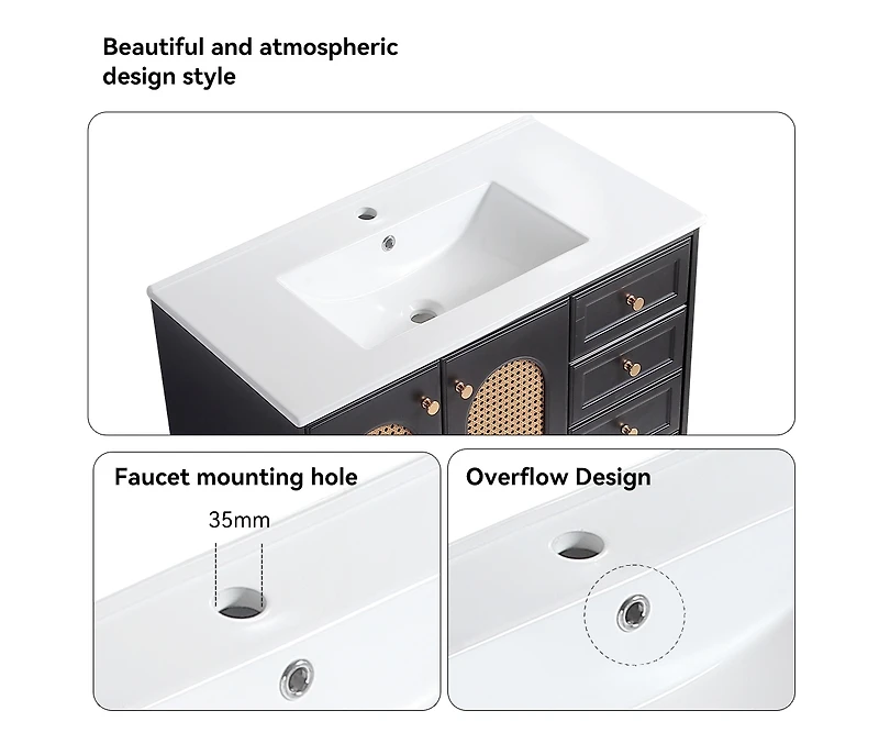 Casainc 36" Bathroom Vanity with Ceramic Sink, Rattan Storage Cabinet Two Doors and Drawer