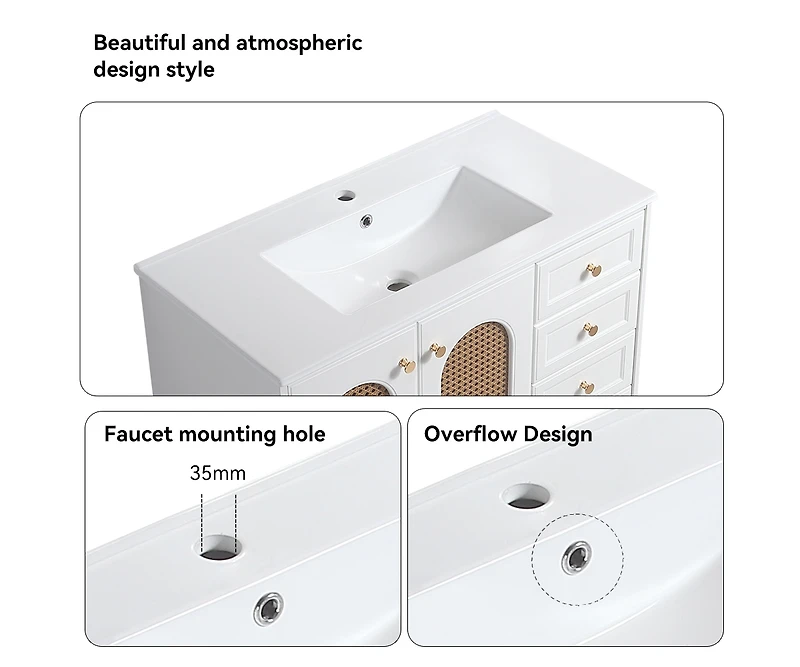 Casainc 36" Bathroom Vanity with Ceramic Sink, Rattan Bathroom Storage Cabinet with Two Doors and Drawer