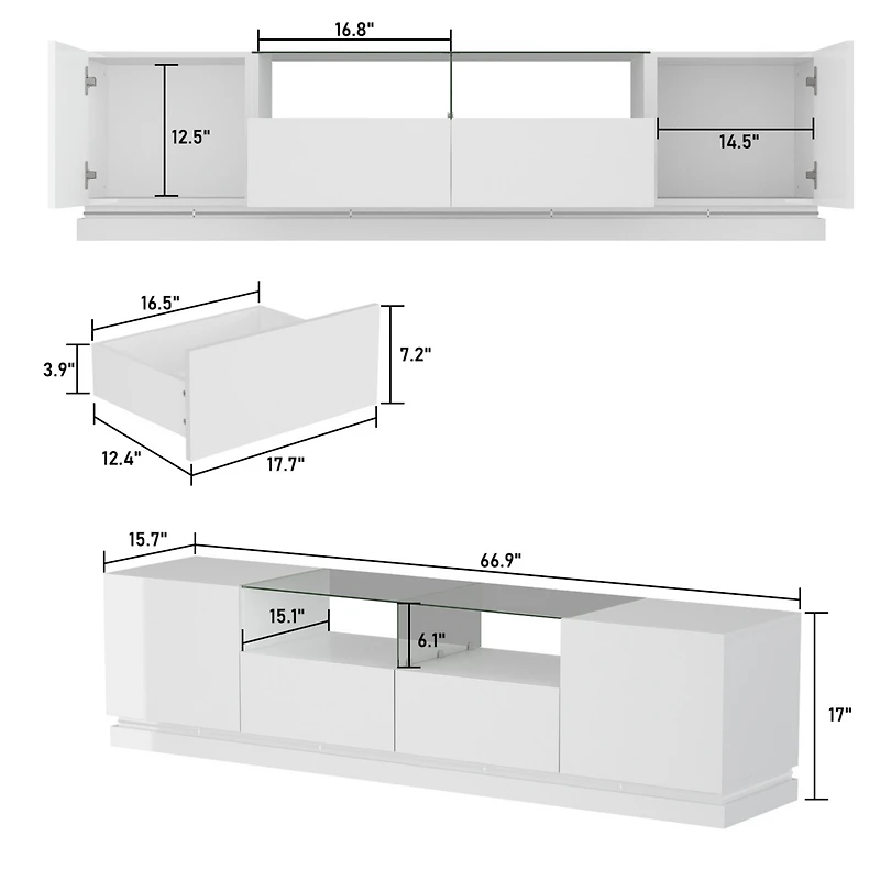White Tv stand with two drawers and two doors, entertainment center with light strip, media console with drain box