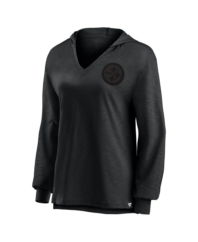 Fanatics Women's Pittsburgh Steelers Blackout Slub Hoodie V-Neck Long Sleeve T-Shirt