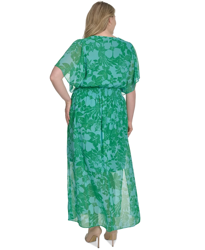 Jessica Howard Plus Size Printed Chiffon Flutter-Sleeve Maxi Dress