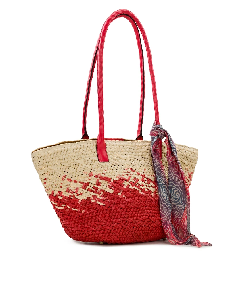 Patricia Nash Calypso Medium Woven Straw Tote with Greek Floral Scarf