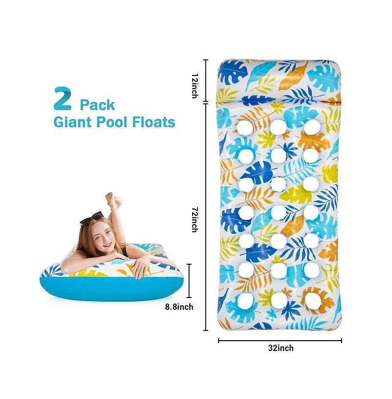 2 Piece Float Set Lounger Inflatable Pool Floats Reclining Chair Pedal Cup Holder White Blue