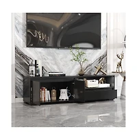 Tv stand with 2 drawers, 2 cabinet doors, retractable media console, black wood entertainment center