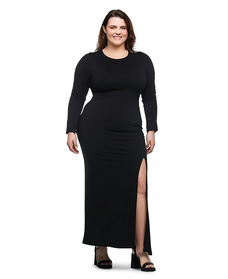 24seven Comfort Apparel Plus Long Sleeve Side Slit Fitted Maxi Dress