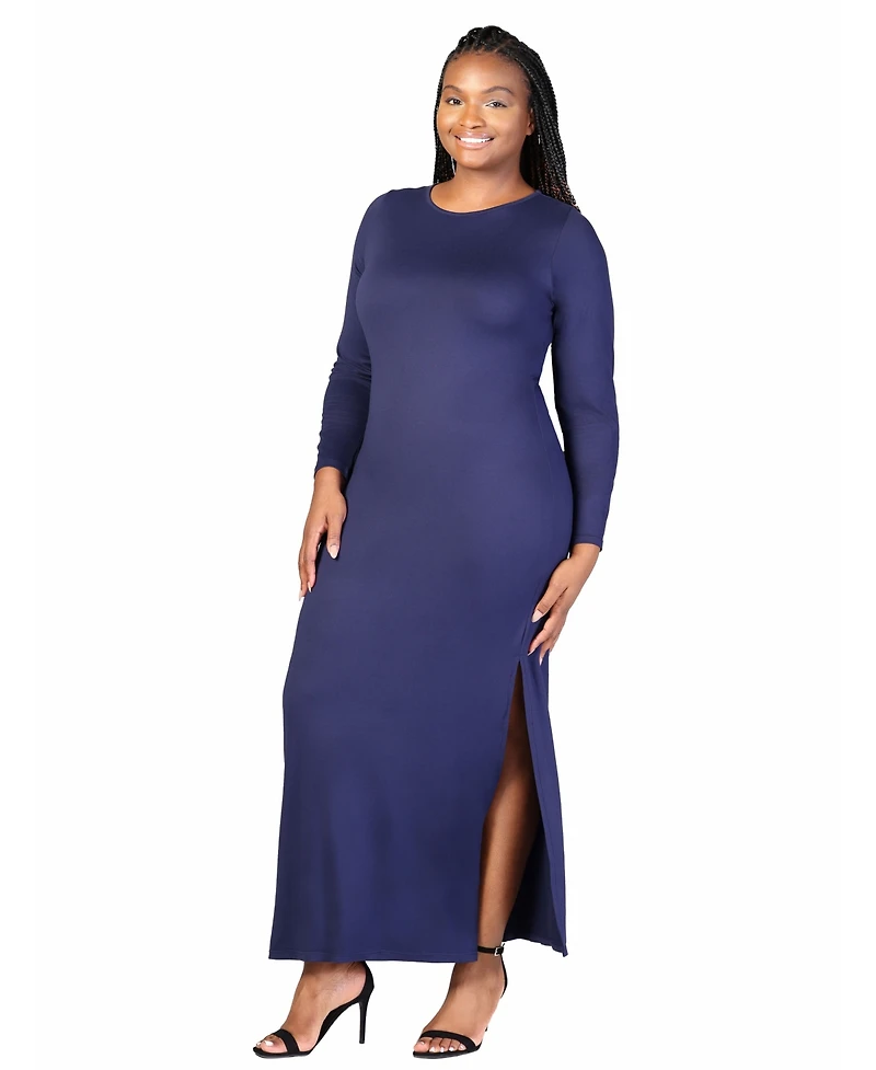 24seven Comfort Apparel Plus Long Sleeve Side Slit Fitted Maxi Dress
