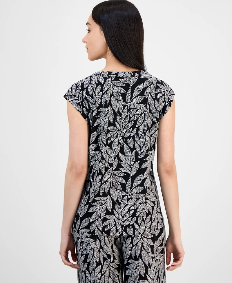 Ak Anne Klein Petite Leaf-Print Cap-Sleeve V-Neck Blouse