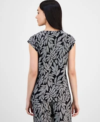 Ak Anne Klein Petite Leaf-Print Cap-Sleeve V-Neck Blouse
