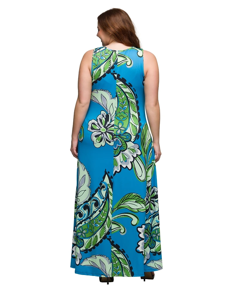 24seven Comfort Apparel Plus Print Scoop Neck A-Line Sleeveless Maxi Dress