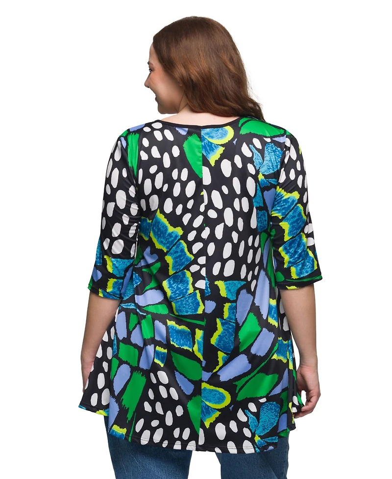 24seven Comfort Apparel Plus Print Elbow Sleeve Casual Tunic Top