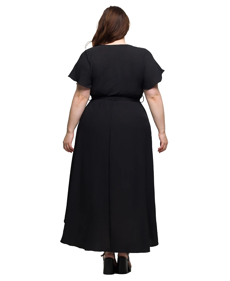 24seven Comfort Apparel Plus V-Neck Belted Faux Wrap High Low Dress