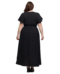 24seven Comfort Apparel Plus V-Neck Belted Faux Wrap High Low Dress