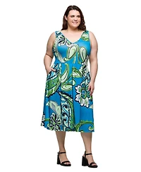 24seven Comfort Apparel Plus Midi Length Print Sleeveless Pleated Pocket Dress