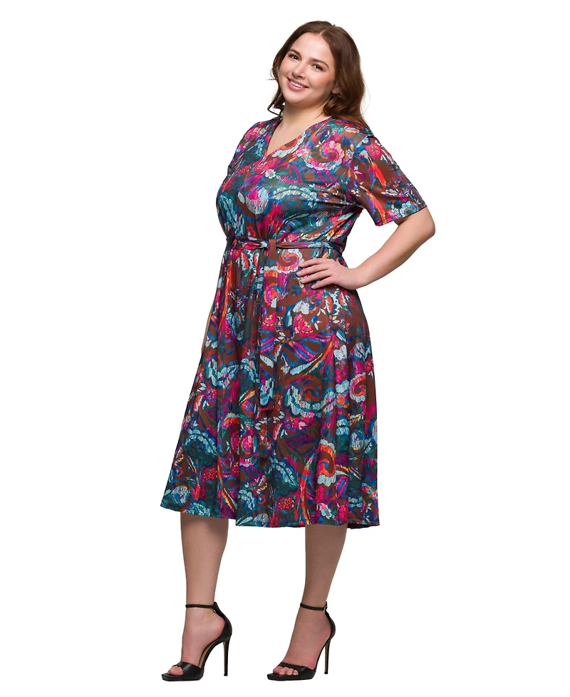 24seven Comfort Apparel Plus Print Short Sleeve Tie Waist Midi Dress