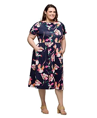 24seven Comfort Apparel Plus Short Sleeve Pleated Flare Midi Pocket Dress
