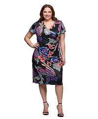 24seven Comfort Apparel Plus Size Knee Length Short Sleeve Faux Wrap Dress