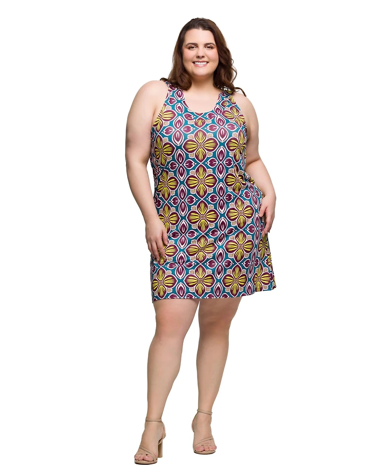 24seven Comfort Apparel Plus Print Sleeveless Knee Length Shift Dress