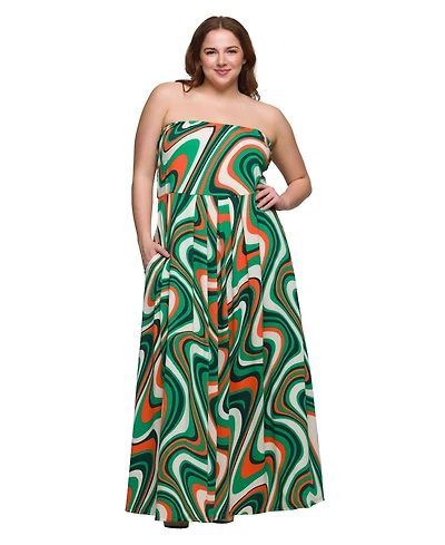 24seven Comfort Apparel Plus A-Line Strapless Maxi Dress with Pockets