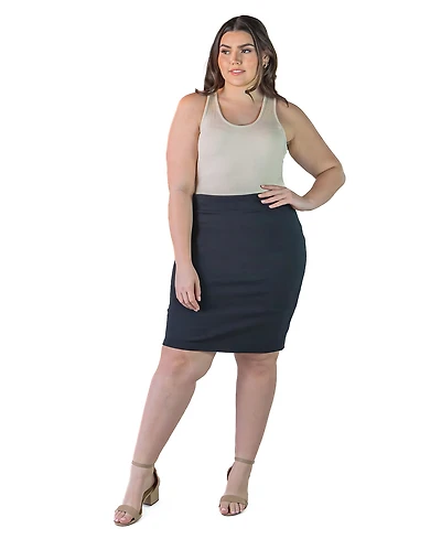 24seven Comfort Apparel Plus Solid Color Elastic Waist Knee Length Pencil Skirt