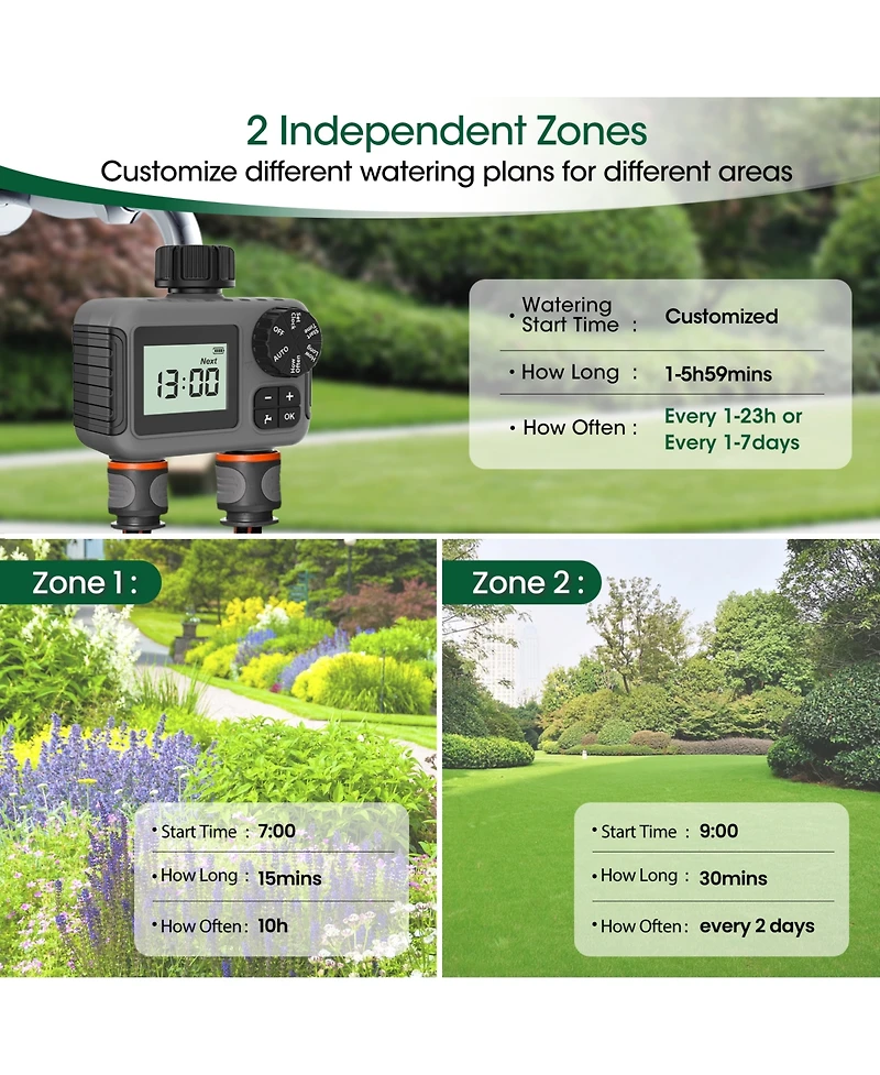 2 Zone Digital Water Timer Sprinkler Timer Outdoor for Lawn Garden Rain Delay Manual Automatic Watering