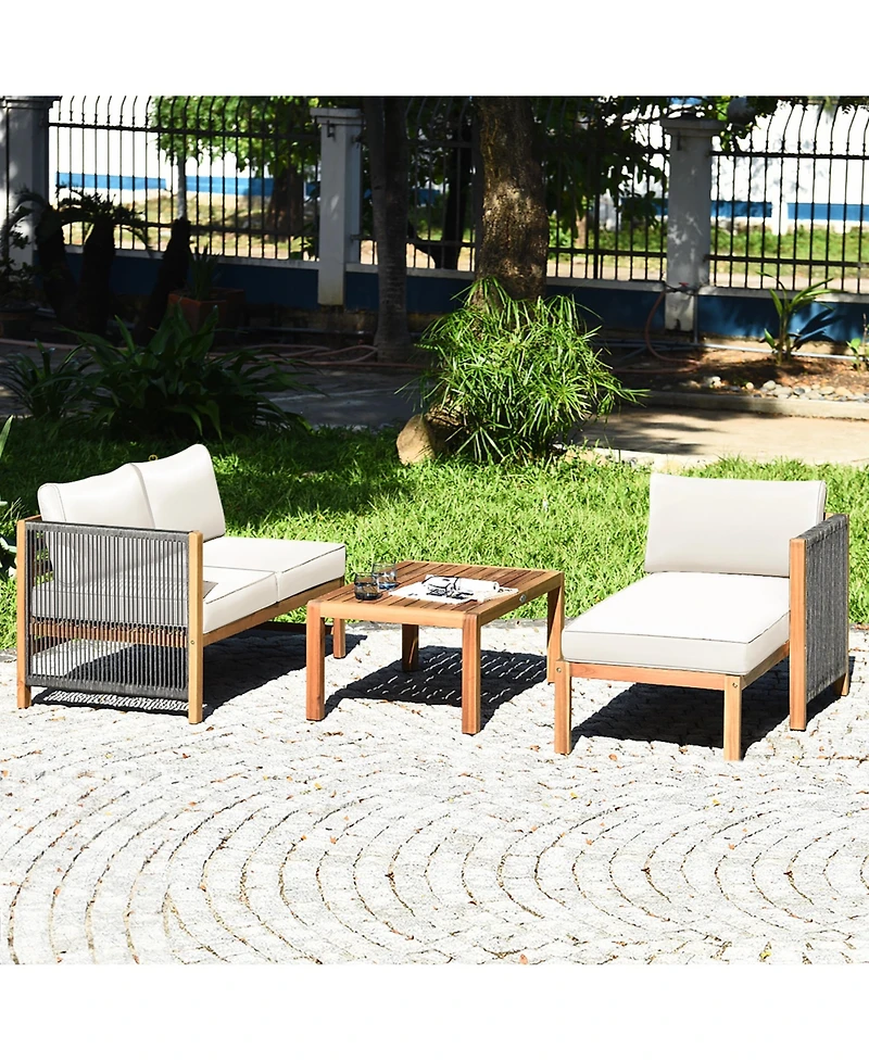 Gymax 3PCS Patio Acacia Wood Sofa Furniture Set Thick Cushion W/ Nylon Rope Armrest