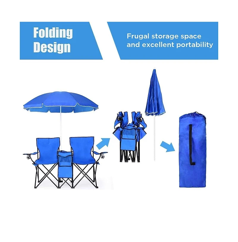 Foldable Camping Chair Outdoor Portable Picnic Double Chair with Umbrella Folding Beach Chair Backpacking Blue