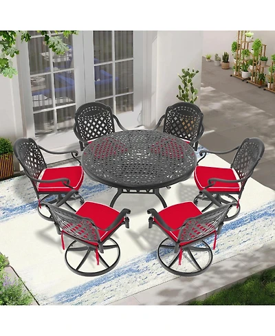 Streamdale 7-pc Cast Aluminum Dining Set, 6 Swivel Chairs, 48" Round Table, Black Frame