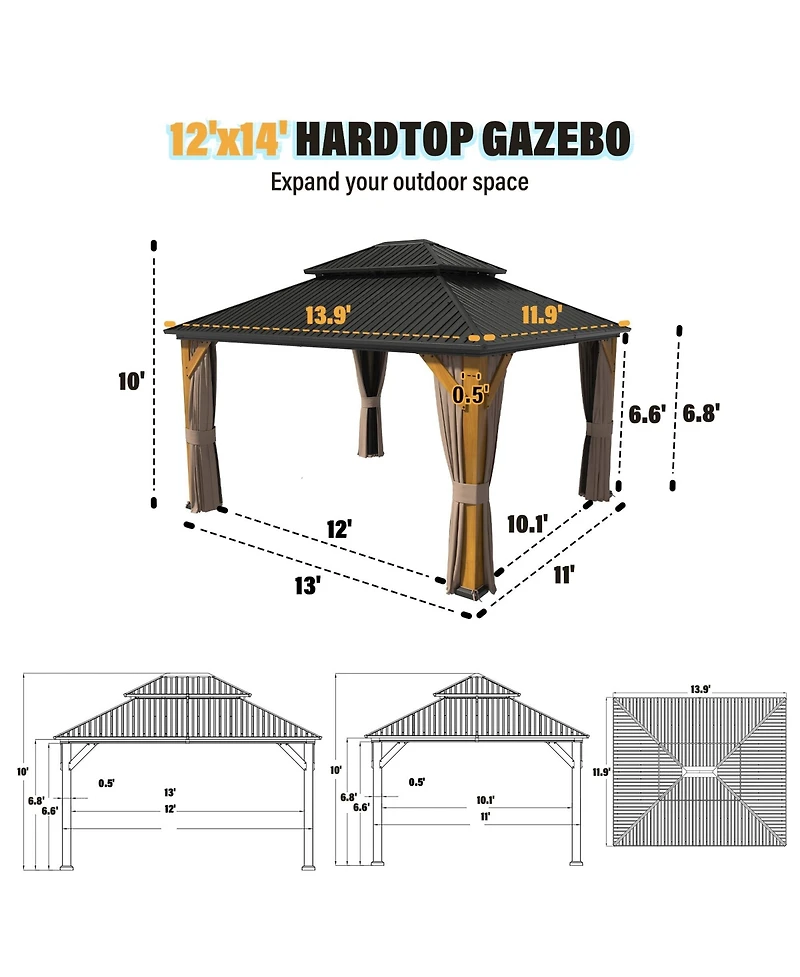 12x14 Ft Heavy-Duty Aluminum Hardtop Gazebo with Galvanized Steel Roof, Commercial-Grade Cedar Wood Outdoor Pavilion for Patio, Weddings