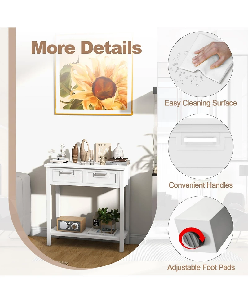 Narrow Console Table with Drawers and Open Storage Shelf