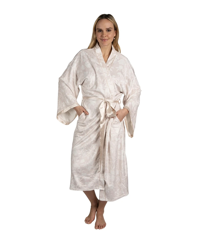 Tahari Women's Velour Kimono Robe with Flowy Bell Sleeves Satin Trim and Tie Front