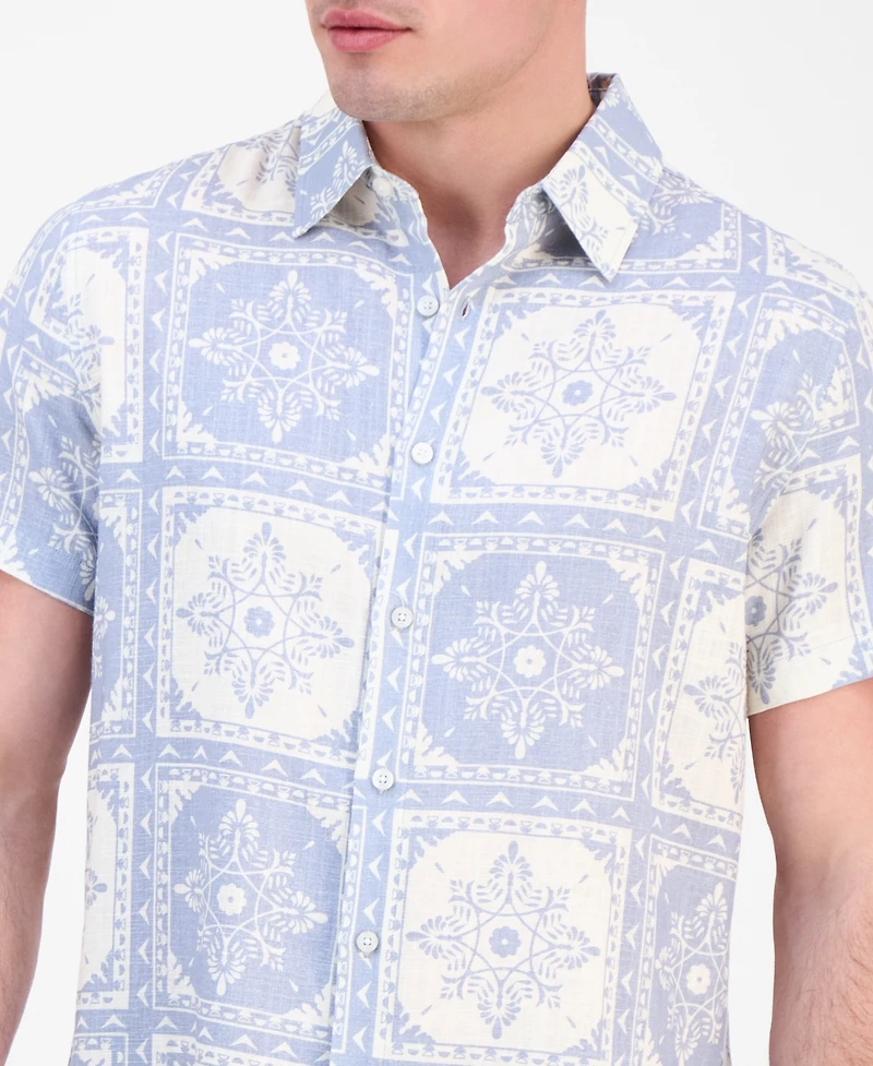 Guess Men's Mosley Short Sleeve Tile Print Button-Front Shirt